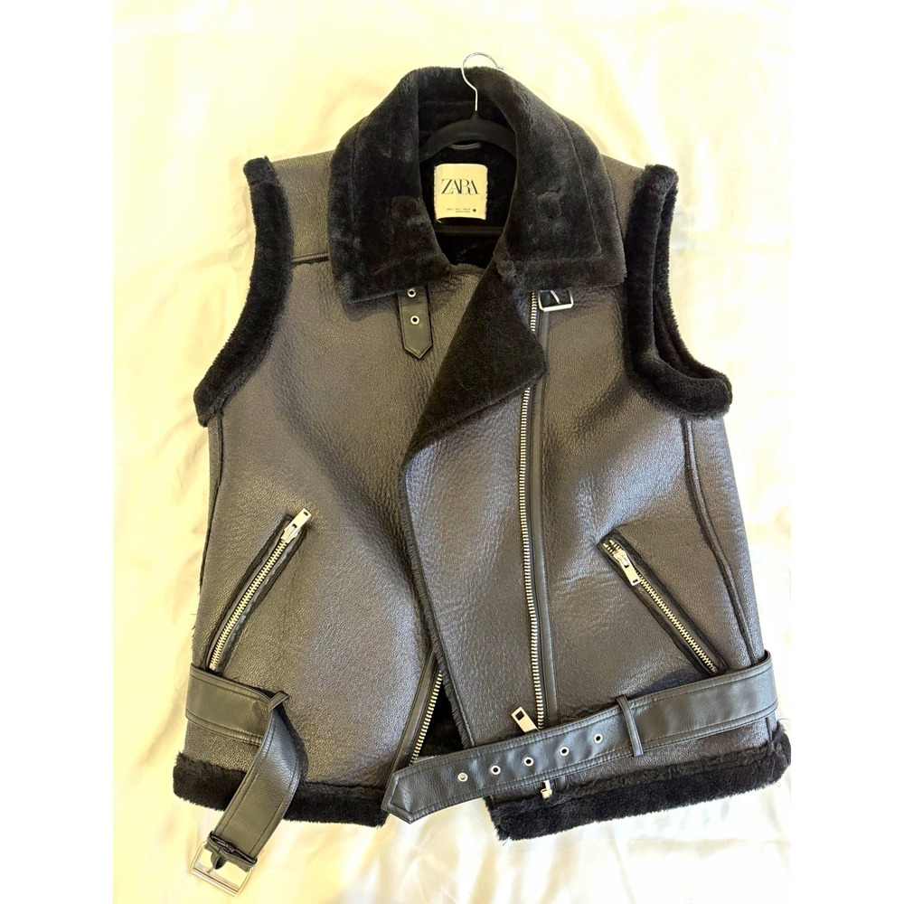 ZARA Black Faux Shearling Aviator Moto Vest Belted Sz L